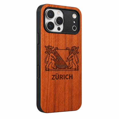 Zürich Wappen Eden Case aus Kirschholz für das iPhone 17 Pro Max – gegenüberliegende Schrägansicht