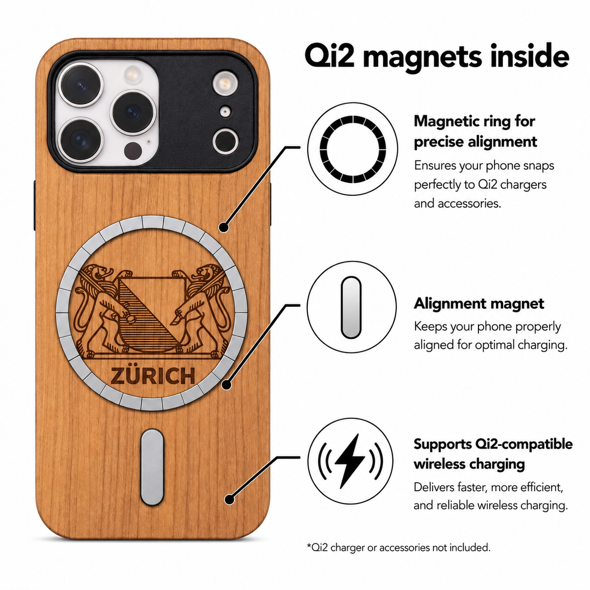 Zürich Wappen Eden Case aus Kirschholz für das iPhone 17 Pro Max – Qi2- und MagSafe-Infografik