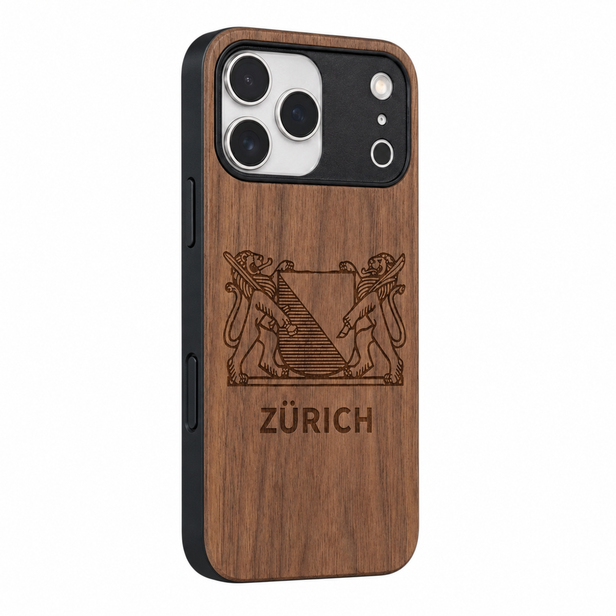 Zürich Wappen Eden Case aus Nussbaumholz für das iPhone 17 Pro Max – gegenüberliegende Schrägansicht