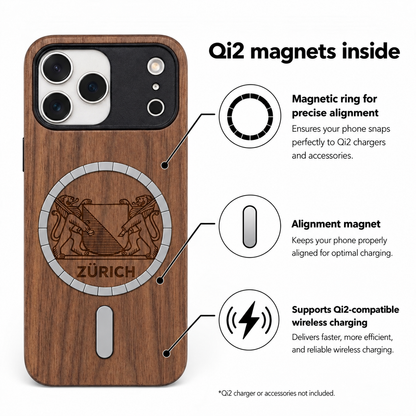 Zürich Wappen Eden Case aus Nussbaumholz für das iPhone 17 Pro Max – Qi2- und MagSafe-Infografik
