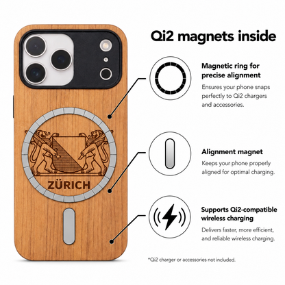 Zürich Wappen Eden Case aus Kirschholz für das iPhone 17 Pro – Qi2- und MagSafe-Infografik