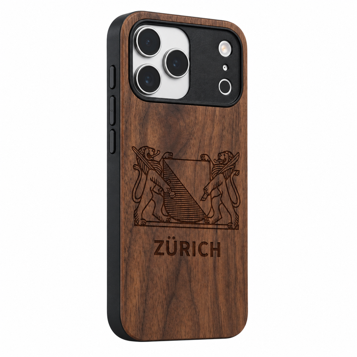 Zürich Wappen Eden Case aus Nussbaumholz für das iPhone 17 Pro – gegenüberliegende Schrägansicht