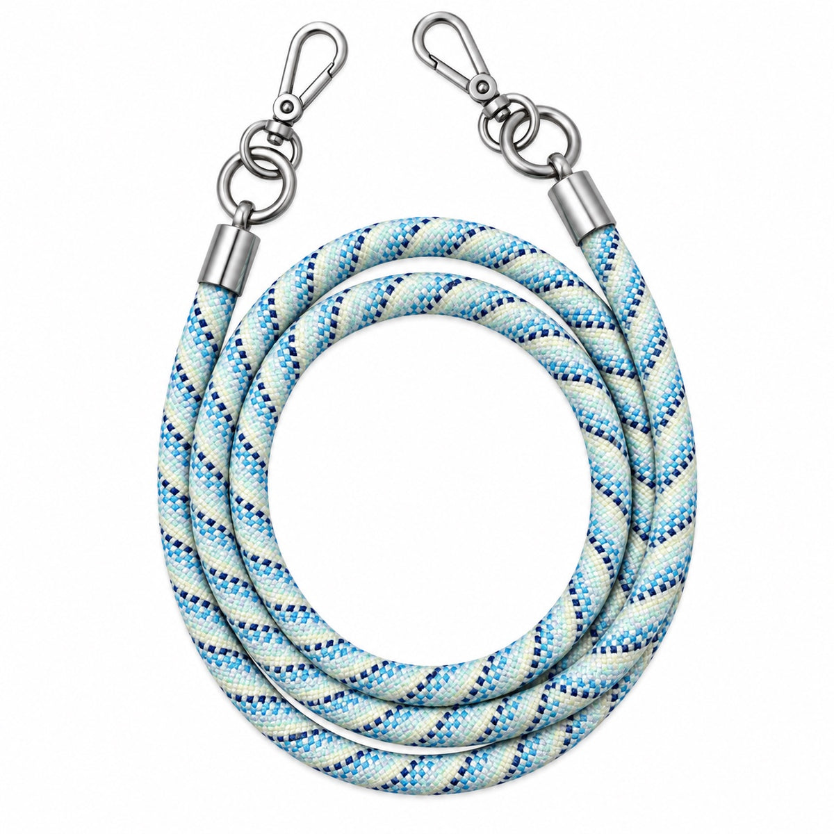 Handykette Hellblau-Weiss gemustert – 8 mm, 2 silberne Haken, ohne Adapter